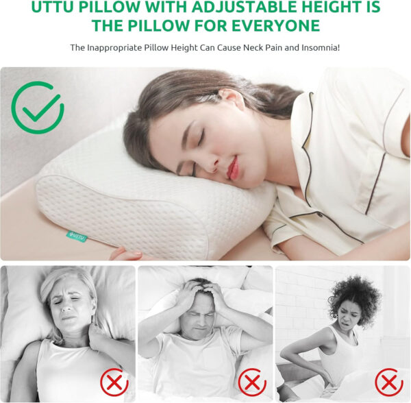 UTTU Cervical Pillow for Neck Strain Relief, Memory Foam Neck Pillow for Sleeping, Contour Cooling Pillow for Side Sleeper, Adjustable Orthopedic Sandwich Pillow, Queen(23.6″×14″×4.7″/3.9″)