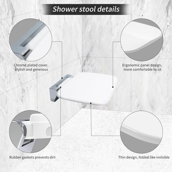 Folding Shower Chair Wall Mounted Fold Down Shower Seat 400 LB Capacity 13.6”x13” Foldable Shower Bench Seats for Adults Elderly Disabled White