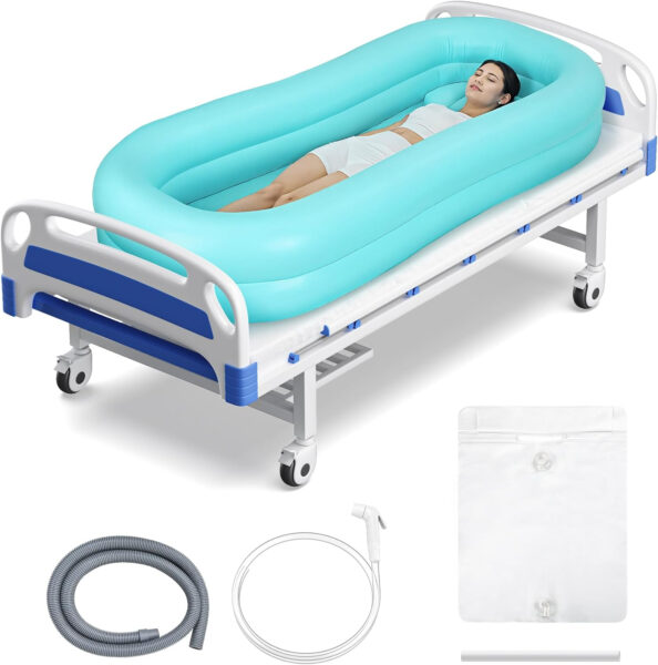 Medical Inflatable Adult PVC Pump and Water Bag Bath tub Bedside Shower Bath Kit Portable Bathtub Wash Full Body (Blue, Without Air Pillow)