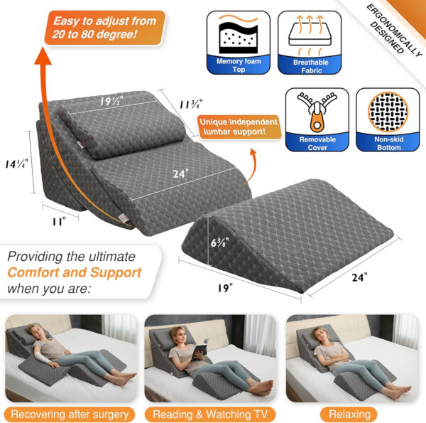 Adjustable Orthopedic Bed Wedge Pillow Set, Post Surgery Recovery, Memory Foam Wedge Pillow for Back, Knee and Leg Pain Relief, Sleeping, Sitting up in bed, Reading, Acid Reflux, Snoring, Melange Gray