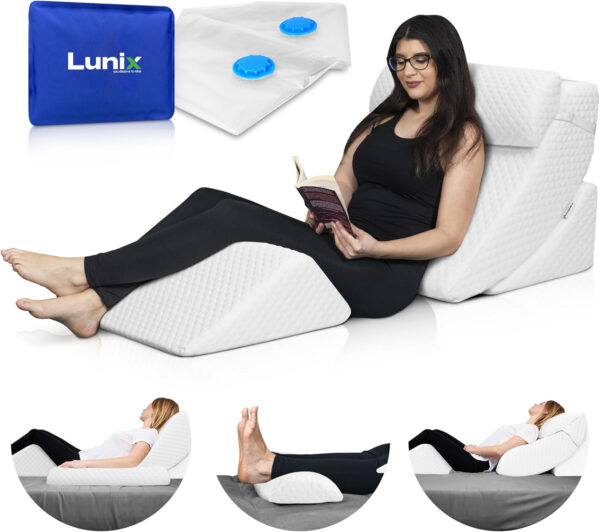 Lunix 4pcs Orthopedic Bed Wedge Pillow Set, Post Surgery Memory Foam for Back, Leg Pain Relief, Sitting Pillow, Adjustable Pillows Acid Reflux and GERD for Sleeping, with Hot Cold Pack, White