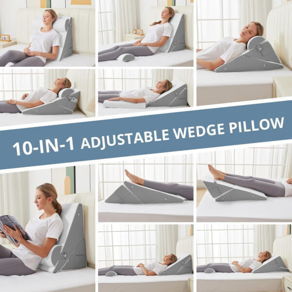 Sasttie Wedge Pillow for Sleep Apnea, Adjustable Wedge Pillow Headboard, Bed Wedge Pillow Set for Acid Reflux and After Surgery, Pillow Wedge for Sleeping with Neck Support Pillow, White & Dark Grey