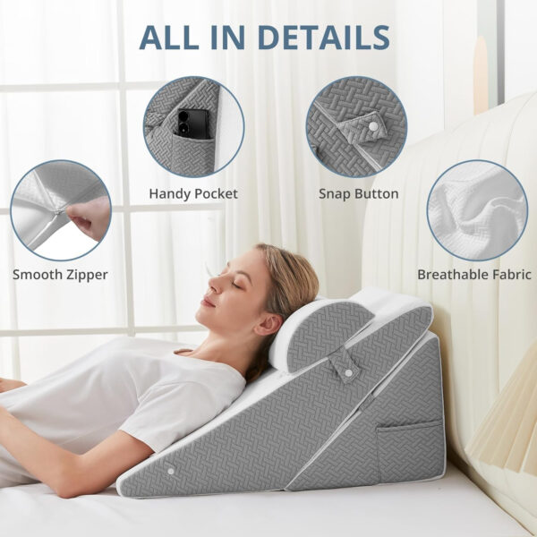 Sasttie Wedge Pillow for Sleep Apnea, Adjustable Wedge Pillow Headboard, Bed Wedge Pillow Set for Acid Reflux and After Surgery, Pillow Wedge for Sleeping with Neck Support Pillow, White & Dark Grey