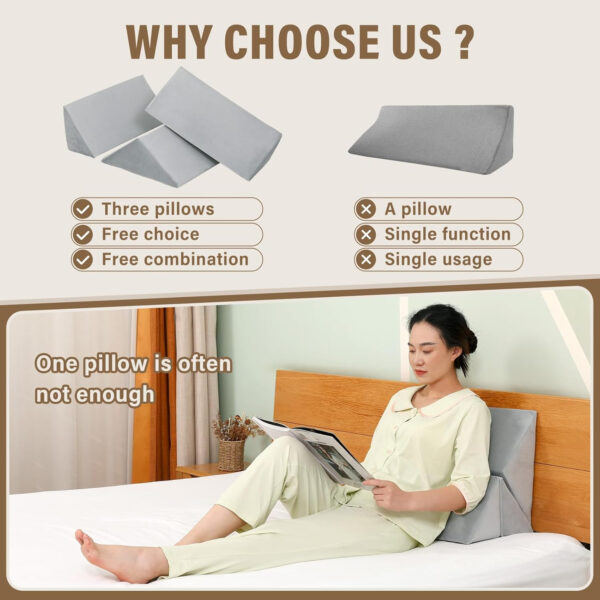 TYYIHUA 3 in1 Wedges for Body:Foam Wedges for Positioning in Bed,Wedge Pillows for Seniors,Wedge Pillow for Back Pain Relief,Bed Wedges & Body Positioners,Positioning Wedges for Bed Sores,Gray Velvet