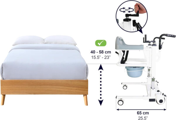 KMINA – Patient Transfer Chair (Seat can be raised up to 23 in), Bedside Commodes Chair, Commode Toilet Chair with Wheels, Transfer Lift Chair Wide, Bedside Chairs for Elderly, Not Suitable for Shower