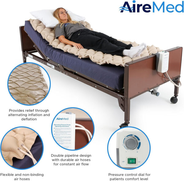 AireMed Alternating Pressure Pump & Pads – (2) Premium Medical Grade Treatment Pads – (1) Quiet Electric Pump – Inflatable Mattress Topper – Standard Hospital Twin Bed Size – Sore Wound & Ulcer Relief