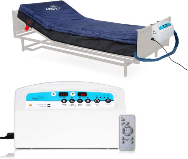 Medical MedAir Low Air Loss Mattress Replacement System with Alarm, 8″ with Quilted Cover Fully Digital with Remote Control, Firm Option, Blue Color.