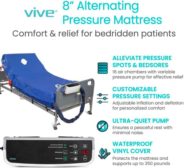 Vive 8″ Alternating Pressure Mattress – Low Air Loss Hospital Replacement Mattress – Medical Bed Topper for Pressure Ulcers and Bed Sores – Variable, Inflatable Pressure Pump System