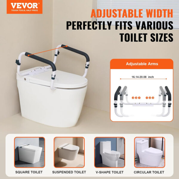 VEVOR Toilet Support Rail, 300LBS Support Toilet Seat Framework, Width Adjustable to Suit Various Toilets, Simple Set-Up, Toilet Grip Bars with Cushioned Armrests for Elderly, Disabled