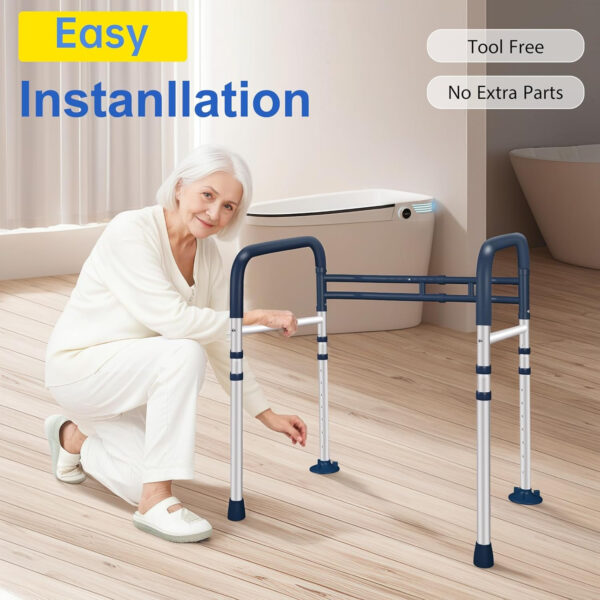 Toilet Safety Rails, Adjustable Toilet Handles for Elderly and Disabled, Toilet Support Rails for Seniors, Foldable Handicap Toilet Rails with Travel Bag, Instant Installation (Lake Blue)