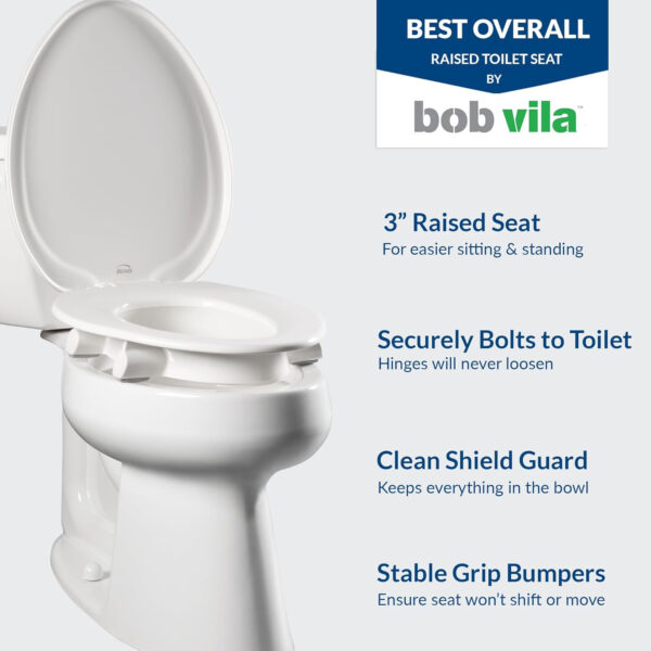 Bemis Assurance 3″ Raised Toilet Seat for Seniors, Clean Shield Guard, Secure Hinges, Elongated, White