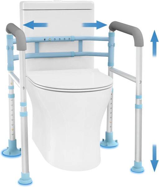 Delog Stand Alone Toilet Safety Rail – Adjustable Width & Height Fit Any Toilet, Medical Toilet Frame for Elderly Handicap Disabled, Folding Handrails Padded Handles