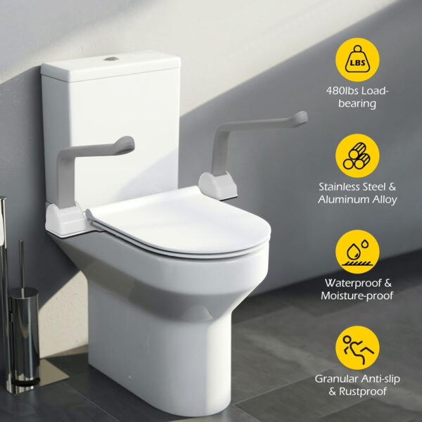 Dyna-Living Toilet Safety Rails 480lbs Load-Bearing Toilet Safety Frame with Flip Up Non-Slip Aluminum Alloy Armrest Toilet Assist Devices for Seniors Toilet Support Bars for Elderly Toilet Seat Rails