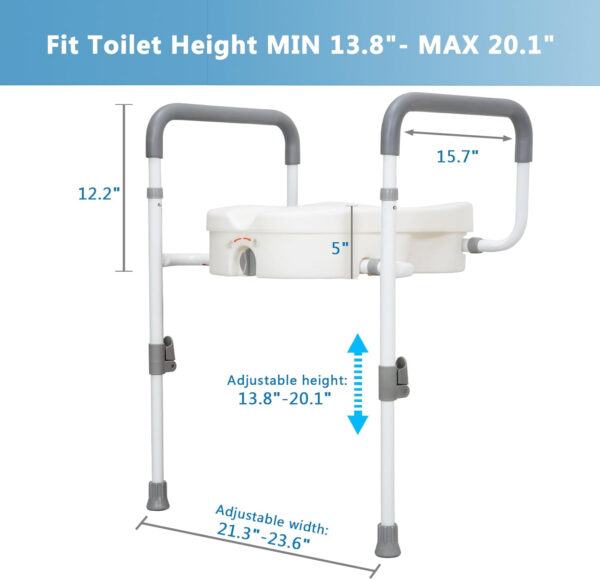 Raised Toilet Seat with Handles for Elderly – Toilet Seat Risers for Seniors with Adjustable Padded Arms – Elevated Toilet Safety Seat for Standard or Elongated Commode