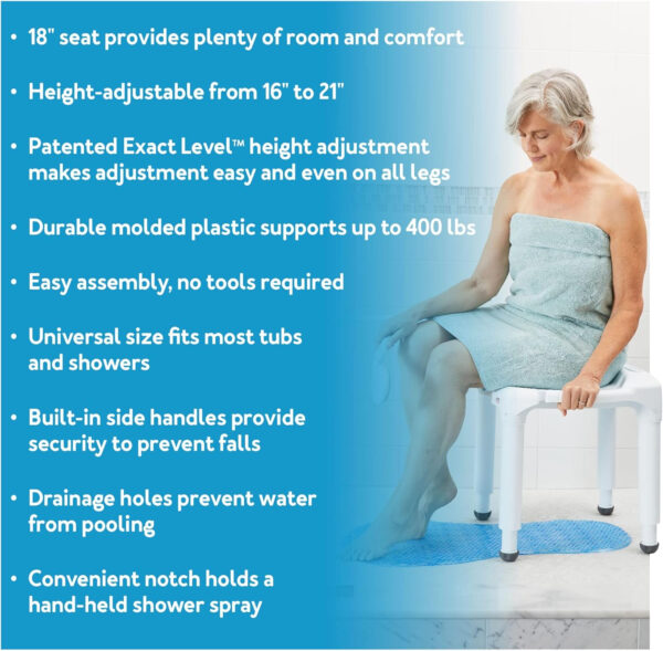 Carex Universal Bath Seat and Shower Chair – Bath Chair Supports Up To 400 Pounds – Adjustable Height Shower Bench, Plastic Stool For Shower, Shower Seat