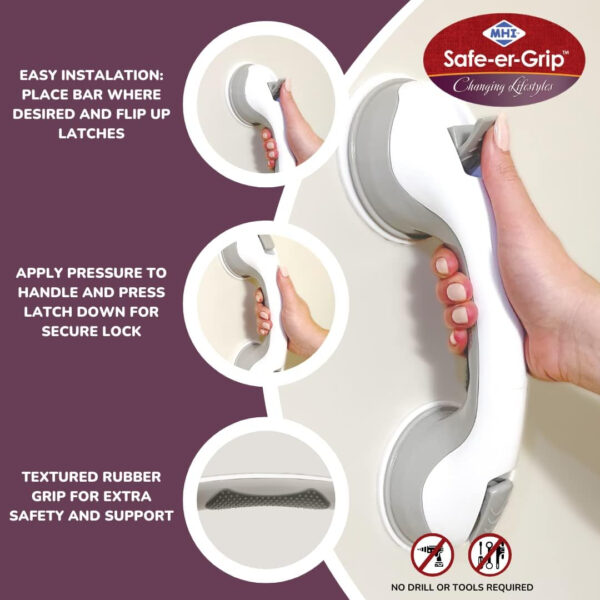 Safe-er-Grip Safe-er-Grip Changing Lifestyles Suction Cup Grab Bars for Bathtubs & Showers Safety Bathroom Assist Handle, White & Grey, 12 inches