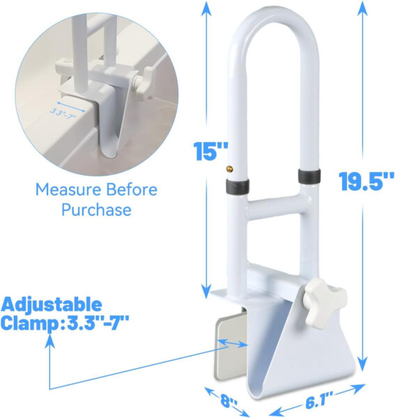 Bathtub Grab Bars for Seniors, Tub Handle Grab Bar for Elderly Bath Support, Bathtub Safety Rail, Assistance Bathtub Handle Clamp for Bathroom, 3.3″- 7″ Width Adjustable, White