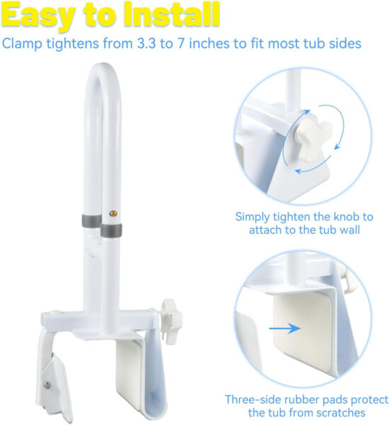 Bathtub Grab Bars for Seniors, Tub Handle Grab Bar for Elderly Bath Support, Bathtub Safety Rail, Assistance Bathtub Handle Clamp for Bathroom, 3.3″- 7″ Width Adjustable, White