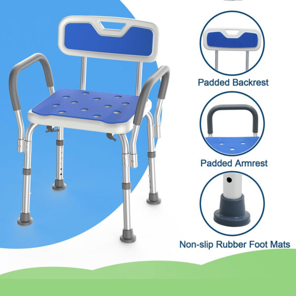 Shower Chair with Arms for Tub,FSA/HSA Eligible Sturdy Aluminum Alloy Bath Chair,Slip Resistant Shower Bench,Height-Adjustable Shower Seat with Padded Handles for Seniors