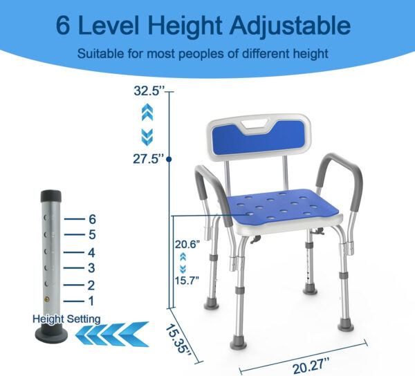 Shower Chair with Arms for Tub,FSA/HSA Eligible Sturdy Aluminum Alloy Bath Chair,Slip Resistant Shower Bench,Height-Adjustable Shower Seat with Padded Handles for Seniors