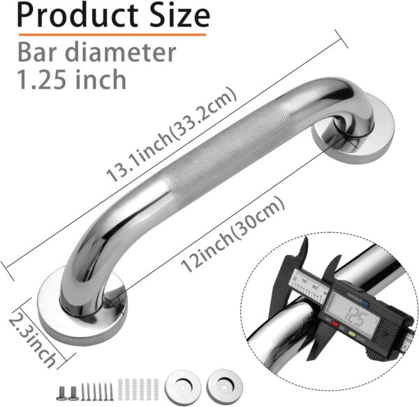 Shower Grab Bar, 2 Pack 12 Inch Bathroom Grab Bar, 304 Stainless Steel 1.25″ Diameter Anti-Slip Handicap Grab Bar Support Shower Rail Senior Handrail Shower Safety Bar Handle