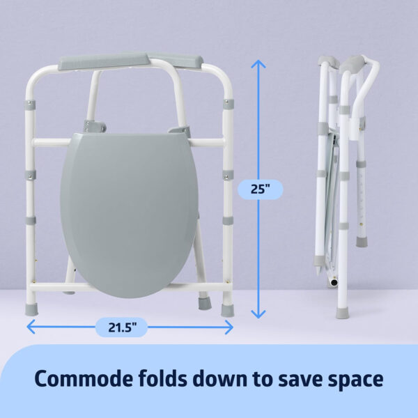 Medline 3-in-1 Steel Bedside Commode, Standard Seat, Sturdy Folding Frame, 7.5 QT. Bucket, 350 lb. Weight Capacity, Clip-on Seat, Easy Cleaning, Tool-Free Assembly, Gray