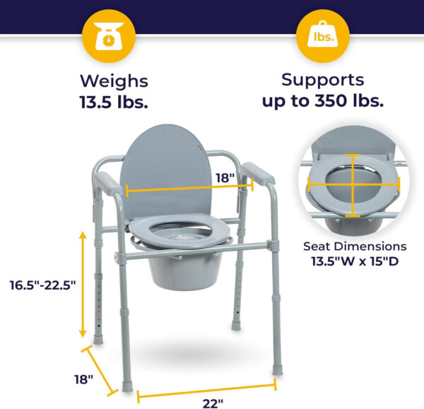 Drive Medical 11148-1 Folding Steel Bedside Commode Chair, Portable Toilet, Supports Individuals Weighing Up To 350 Lbs, with 7.5 Qt. Bucket and 13.5 Inch Seat, Grey