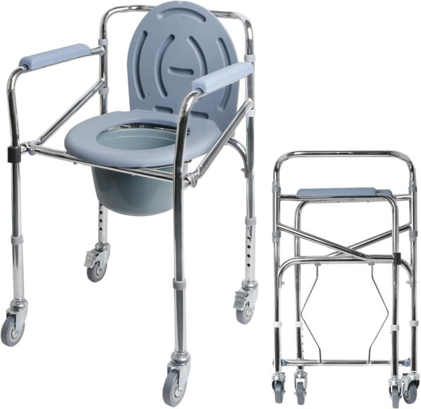 Bedside Commode Chair with Wheels, Heavy Duty Steel Frame Portable Toilets for Elderly with Adjustable Height, Bedside Commodes for Seniors, Portable Commode for Elderly