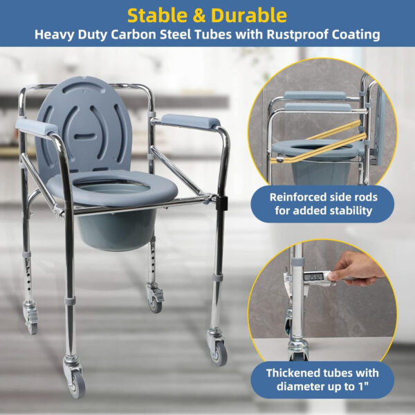 Bedside Commode Chair with Wheels, Heavy Duty Steel Frame Portable Toilets for Elderly with Adjustable Height, Bedside Commodes for Seniors, Portable Commode for Elderly