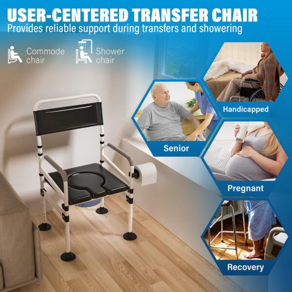 4 in1 Bedside Commode Chair for Seniors Heavy Duty Raised Toilet Seat Riser with Handles Arms 440lb Portable Shower Chair Bariatric Potty Chairs Toilet Safety Rails Frame for Elderly & Adults (Silver)