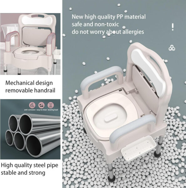 Bedside Commode, Soft Commode Chair, Bedside Toilet, Portable Potty for Adults,Portable Toilets for Seniors, Pregnant, People with Disabilities, Height Adjustable Adult Potty Chair, (Gray)