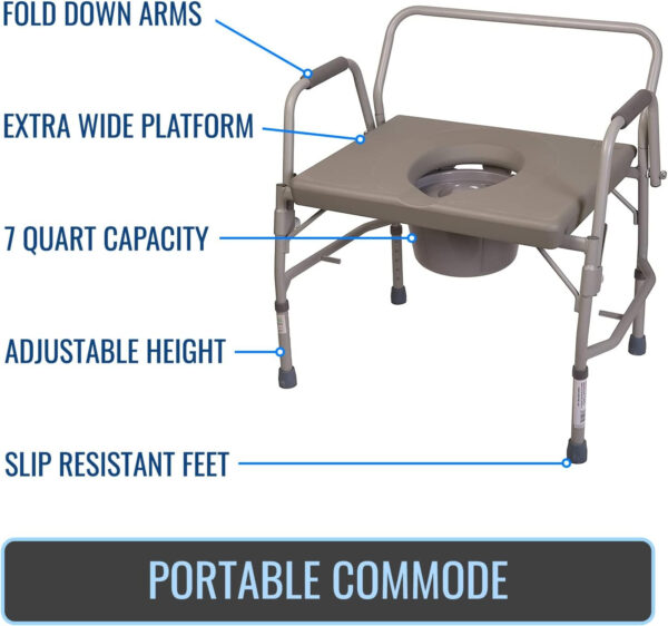 DMI Bedside Commode, Portable Toilet, Commode Chair, Raised Toilet Seat with Handles, Holds up to 500 Pounds with Included 7 qt Commode Bucket, Adjustable from 19-23 Inches, Extra Wide Commode