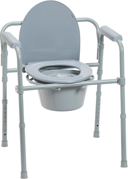 Drive Medical 11148-1 Folding Steel Bedside Commode Chair, Portable Toilet, Supports Individuals Weighing Up To 350 Lbs, with 7.5 Qt. Bucket and 13.5 Inch Seat, Grey