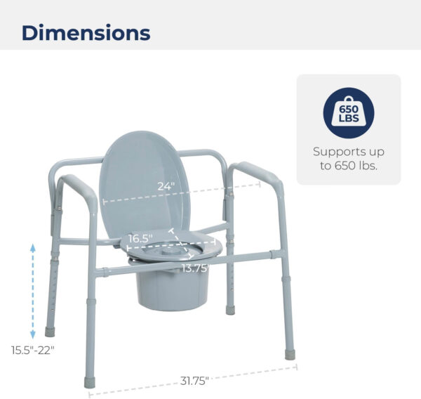 HEALTHLINE Heavy Duty Commode Bariatric, Medical Bedside Folding Bariatric Commode Chair Toilet for Elderly Seniors Disabled, Wide, 650 lbs, Gray