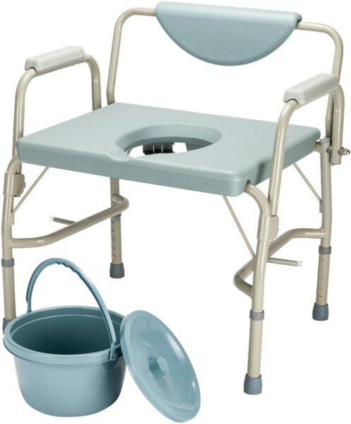 Mefeir 550 lbs Heavy Duty Drop Arm Medical Bedside Commode Chair, Homecare Toilet Seat with Safety Steel Frame, 6 Quart Capacity Pail, Adjustable Height Support Tool-Free Easy Assembly Blue Grey