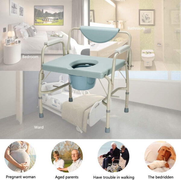 Mefeir 550 lbs Heavy Duty Drop Arm Medical Bedside Commode Chair, Homecare Toilet Seat with Safety Steel Frame, 6 Quart Capacity Pail, Adjustable Height Support Tool-Free Easy Assembly Blue Grey