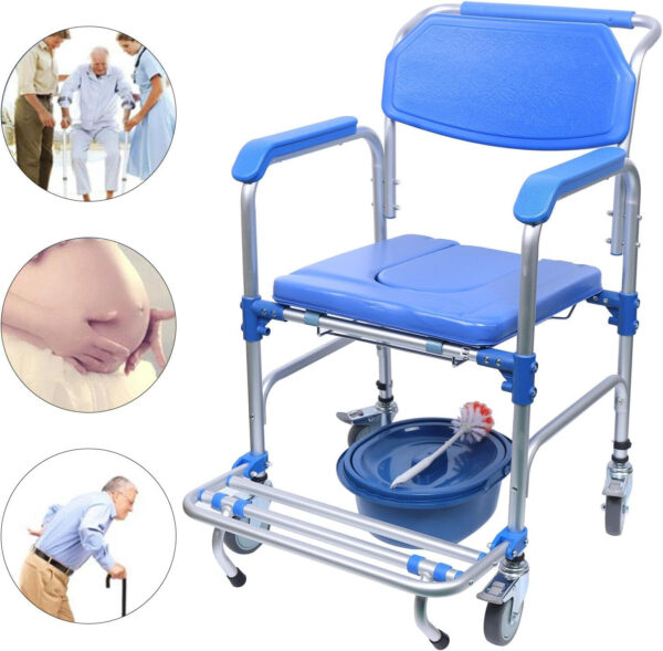 Shower Chair with Wheels, Shower Commode Wheelchair with Armrests&Backrest Mobility Transport Rolling Chair for Elderly Adults Loading 350LBS 4 Waterproof Castors Footrest