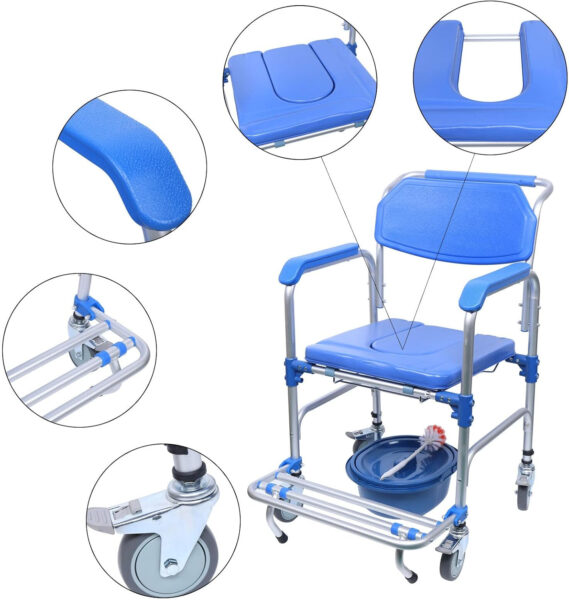 Shower Chair with Wheels, Shower Commode Wheelchair with Armrests&Backrest Mobility Transport Rolling Chair for Elderly Adults Loading 350LBS 4 Waterproof Castors Footrest