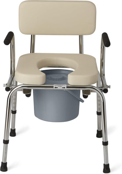 Medline Drop Arm Commode with Padded Seat and Backrest, Durable Toilet Chair for Adults and Seniors, Removable Pail, Splash Guard, Drop Down Arms for Easy Transfer, 350 lb. Weight Capacity, Tan