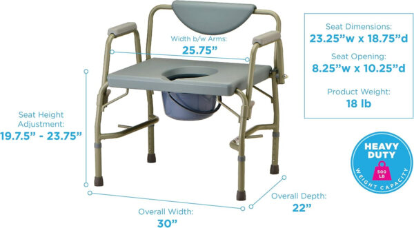 NOVA Medical Products 500 lb. Weight Capacity Heavy Duty Bedside Commode Chair with Drop-Arm (for Easy Transfer), Extra Wide Seat & Bariatric Commode Chair, Grey