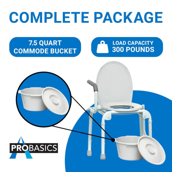 ProBasics Drop Arm Adjustable Bedside Folding Commode Chair Portable with Handles, for Elderly, Seniors, and Disabled People, Supports 300lbs, Adult Potty Chair