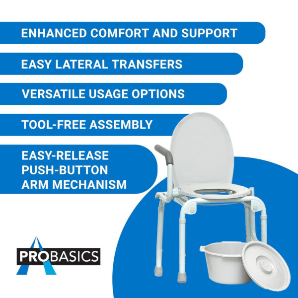 ProBasics Drop Arm Adjustable Bedside Folding Commode Chair Portable with Handles, for Elderly, Seniors, and Disabled People, Supports 300lbs, Adult Potty Chair