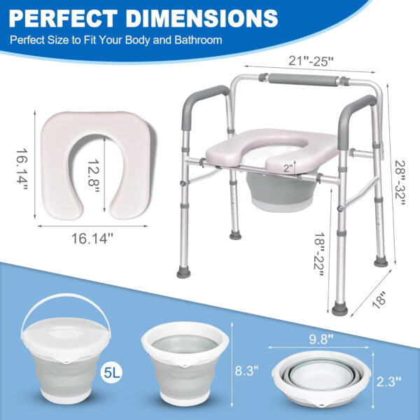 3 in 1 Commode Chair for Toilet with Arms, 500 lbs Bedside Commode Chair for Toilet with Bucket 4.4Qt, Width Adjustable Bedside Commode for Seniors, 21”-25“ Extra Large Width