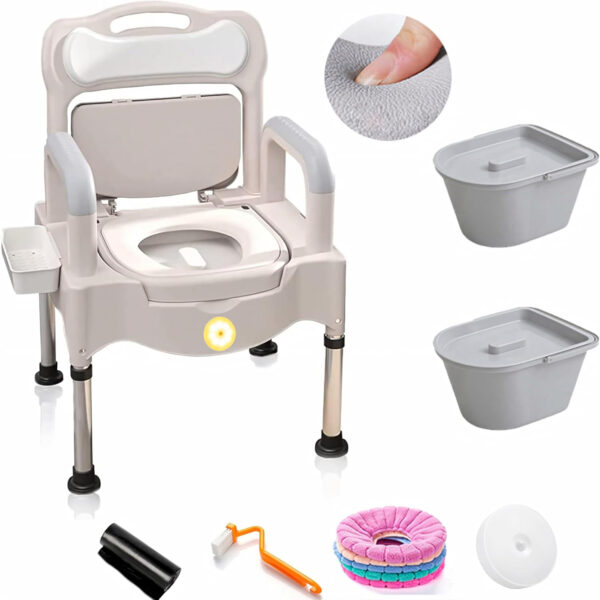 Bedside Commodes, Bedside Toilet, Commode Chair, Height Adjustable Adult Potty Chair for Seniors, Portable Toilets for Home Use, Suitable for People (Upgrade-with Light-White)