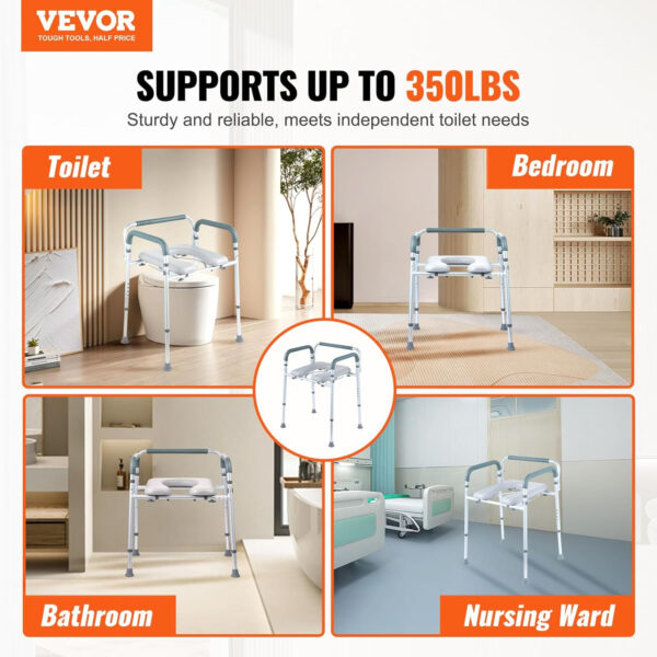 VEVOR Raised Toilet Seat, Adjustable Height with 5 Levels, Drop-Arm Design, Detachable Backrest, 7L Easy-Clean Bucket, Quick Assembly, Support up to 1000lbs, Ideal Bedside Commode for Elderly & Adults