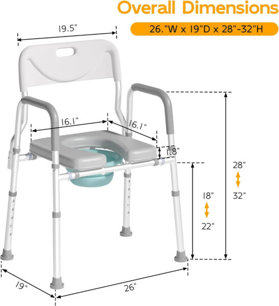 Xilingol Raised Toilet Seat with Handles and Back,350lb Bedside Commode Chair with Arms, 4-in-1 Adjustable and Portable Bathroom Chair for Adults, Seniors, Elderly, Handicapped, Disabled