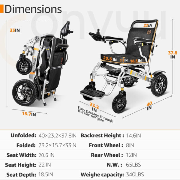 30 Miles Long Travel Range, CONVYU Electric Wheelchairs for Adults, Power Wheelchair for Seniors, 600W Motor, 120W Fast Charge,Lightweight Foldable All Terrain Motorized Wheelchair, Airline Approved