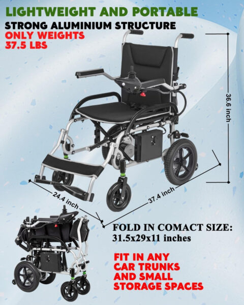 Super Lightweight 37.5lbs Foldable Electric Wheelchairs for Adults and Seniors – Portable Motorized Wheelchair-360W Motor -Dual Battery Hanger fit for Right Left User