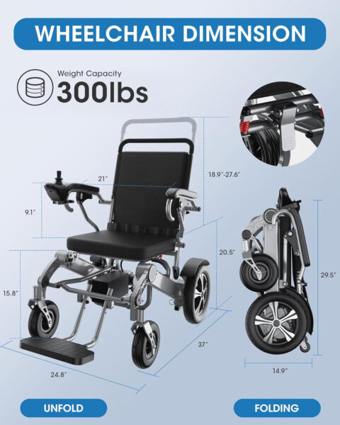 Electric Wheelchair for Adults, Lightweight Foldable Portable All Terrain Power Motorized Wheel Chair, Security & Comfortable & Designed to Last, Weight Capacity 300 lbs, 12.5 Miles Range