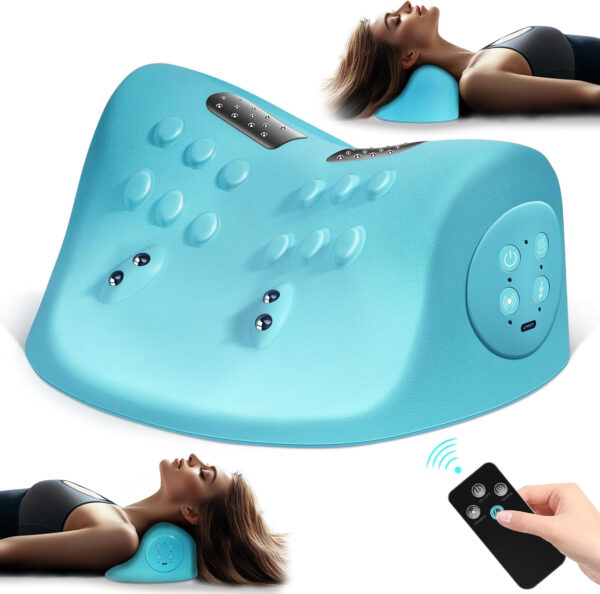 Neck and Shoulder Relaxer with Heat, 3 Modes, Portable Neck Pillows for Pain Relief and Muscle Relax, 26° Angle Cervical Traction Device for Back, Neck and Shoulder, Blue